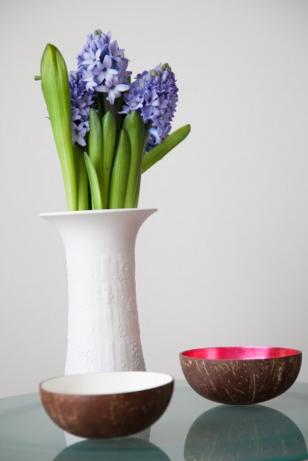 Foto: Jordana Schramm Nahaufnahme Interior Wohnung Elena Schmuschkowitz. Weisse Vase aus Biskuitporzellan mit violetten Hyazinthen. braune Schalen mit weisem und rosafarbenen Innerem.
