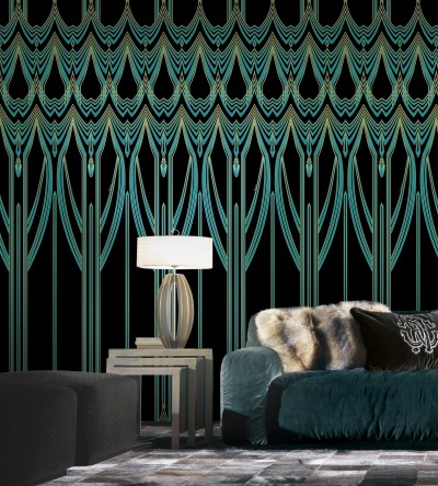 Foto: Roberto Cavalli Roberto Cavalli Home. Samtsofa mit Pelzkissen. Tapete mit Art Deco Muster.