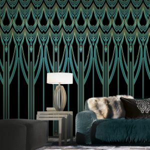 Roberto Cavalli Home Roberto Cavalli Home. Samtsofa mit Pelzkissen. Tapete mit Art Deco Muster.