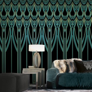 Roberto Cavalli Home Roberto Cavalli Home. Samtsofa mit Pelzkissen. Tapete mit Art Deco Muster.