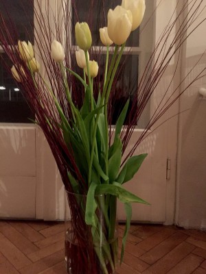 Foto/Styling: Nikolas Feireiss Weiße französischer Tulpen und Äste in hoher runder Glasvase